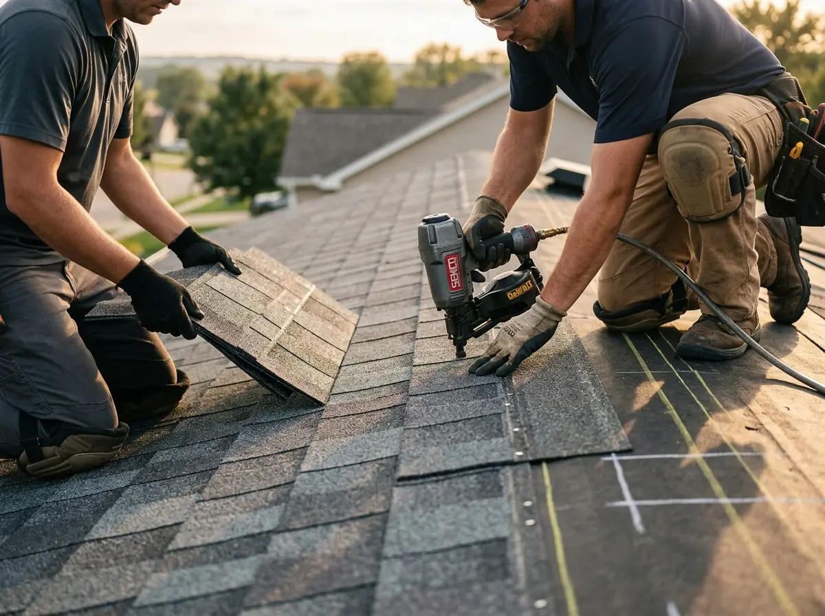 Professional roofer working on a residential roof in Lake Norman of Iredell